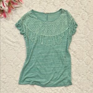 Nurture Anthropologie Teal Lace Fringe Top